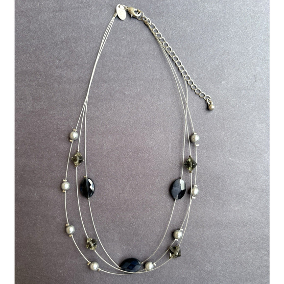 Lia Sophia Necklace Gray Faux Pearl Silver Tone Wire Beaded Floating w/ Box 15" - Picture 2 of 8